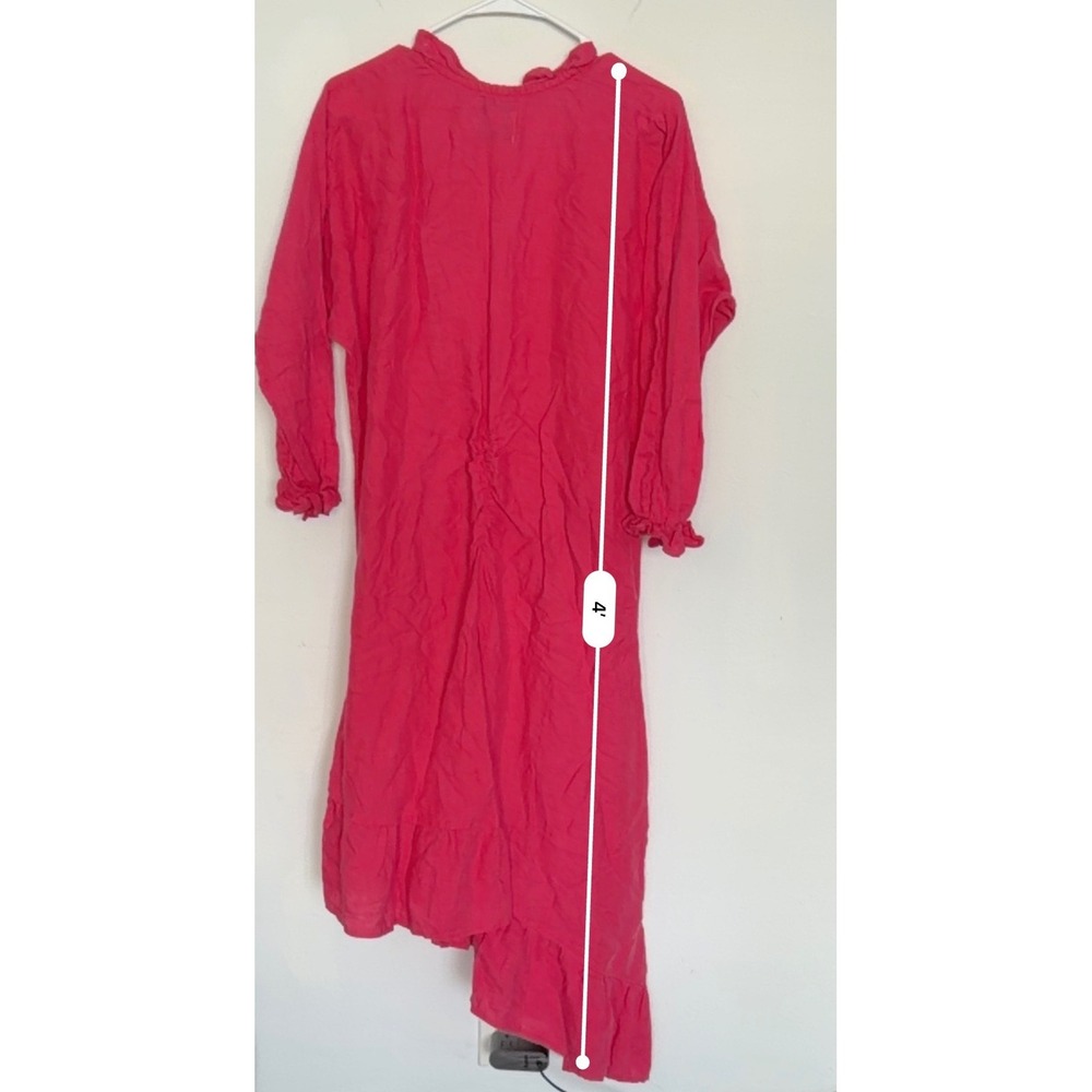 CJ LAING Pink Linen Ruffle V Neck Midi Dress Asymmetrical Hem Size L - Picture 7 of 9